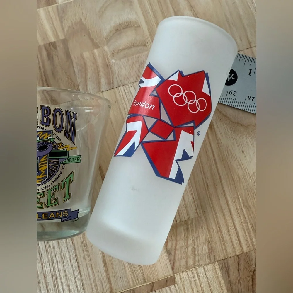 Fun 4 Shot Glass Set London 2012 Olympics, Haiti, Cheers Boston, New Orleans